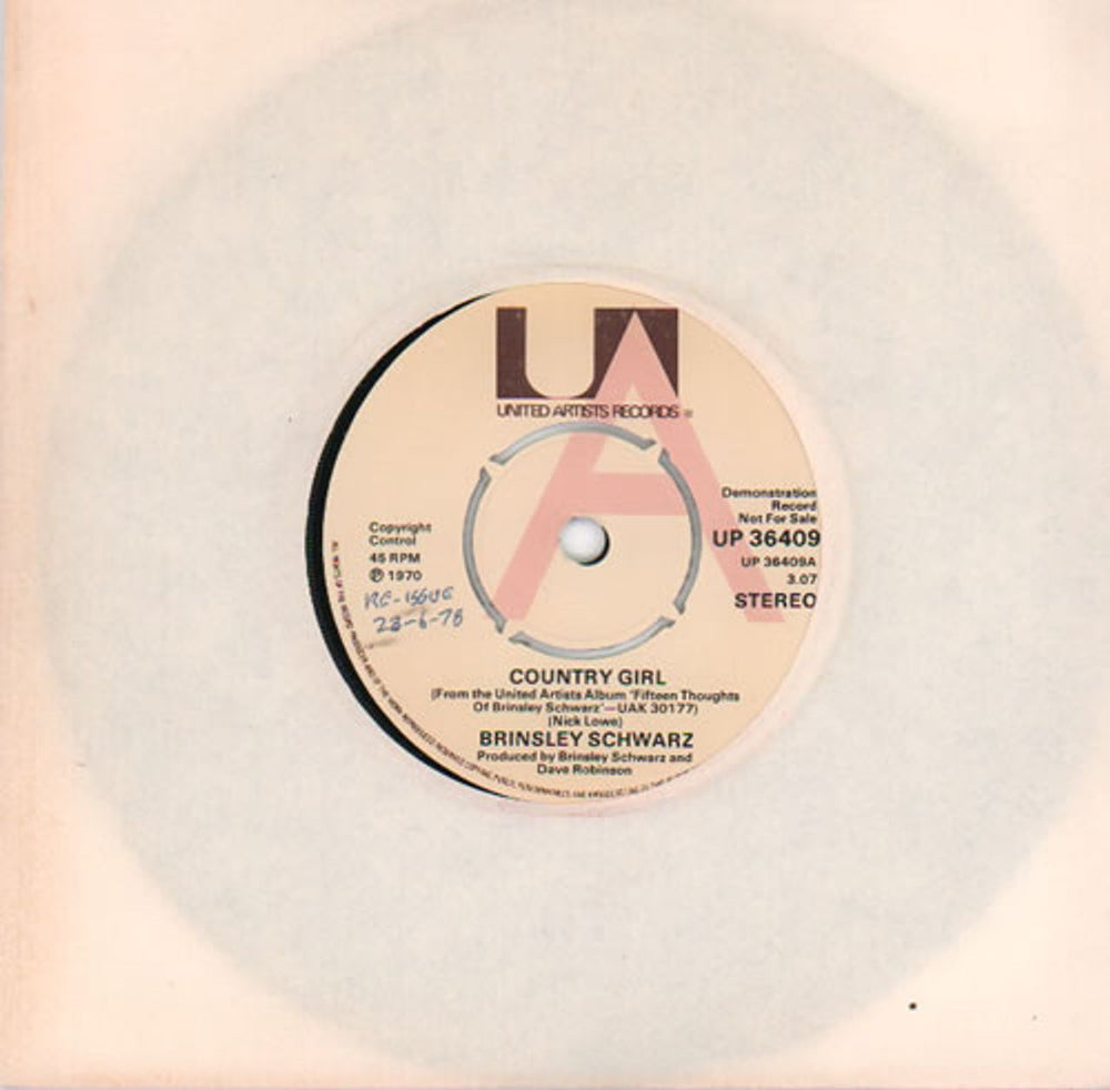 Brinsley Schwarz Country Girl - A Label - wol UK Promo 7" vinyl single (7 inch record / 45) UP36409