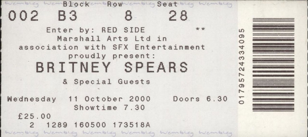 Britney Spears Concert Wembley 11/10/00 UK Promo concert ticket TICKET STUB