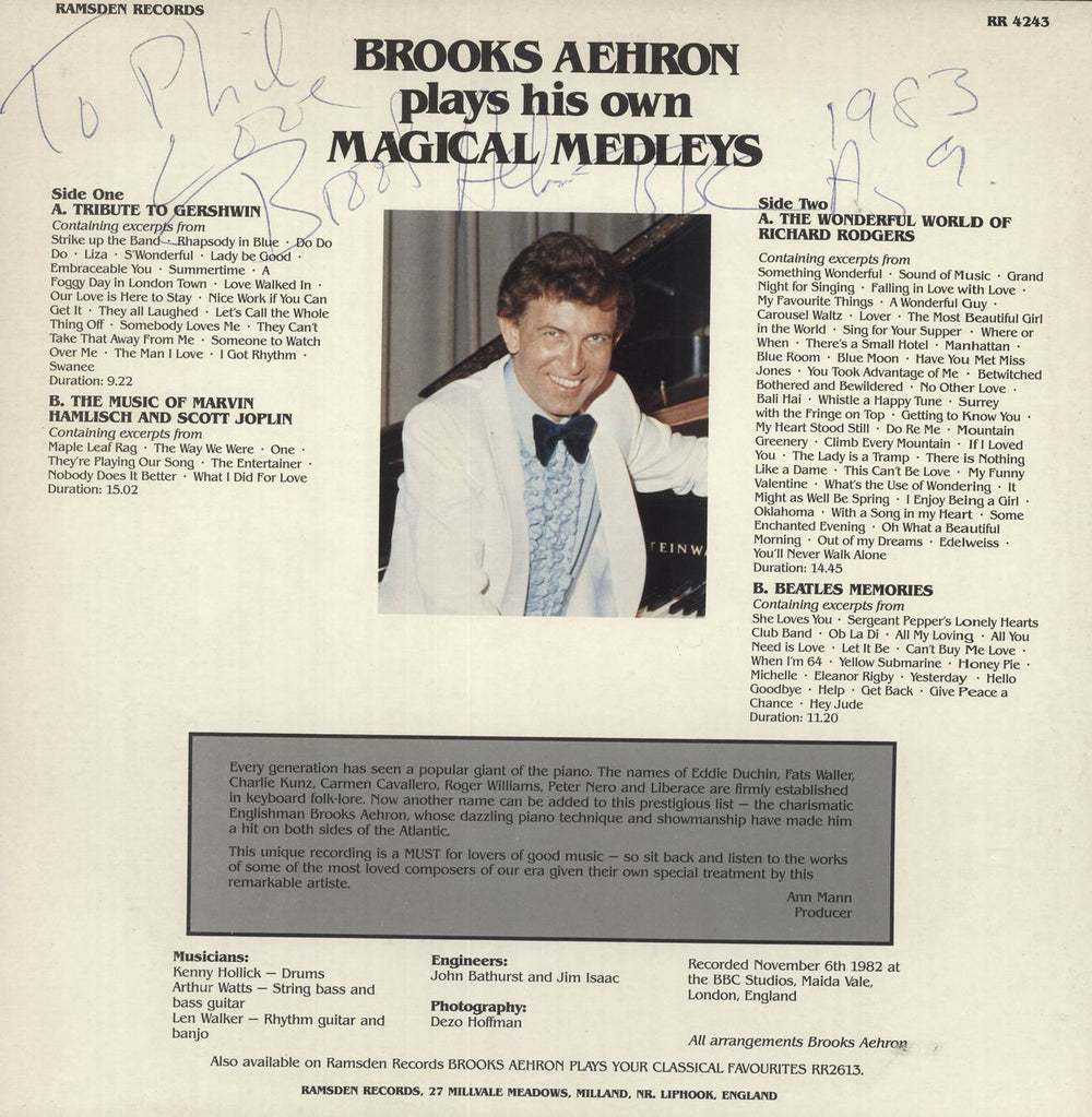 Brooks Aehron Plays His Own Magical Medleys - Autographed UK vinyl LP album (LP record)