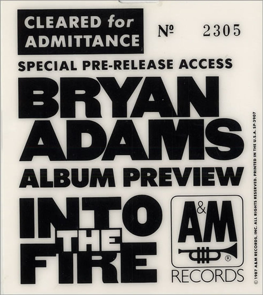 Bryan Adams Into The Fire US Promo tour pass ADATPIN476125