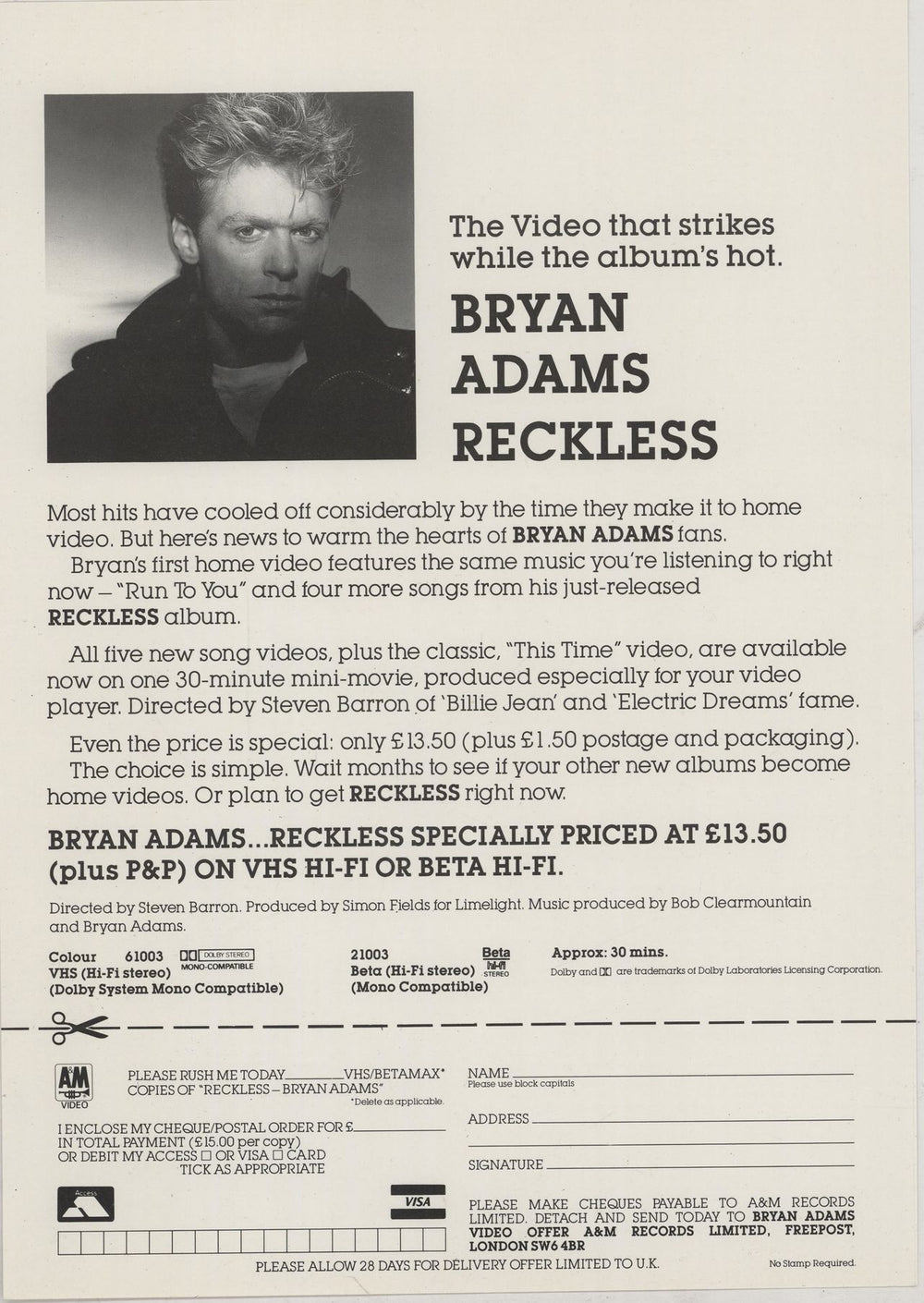 Bryan Adams Reckless - 1st + Insert UK vinyl LP album (LP record) ADALPRE752654