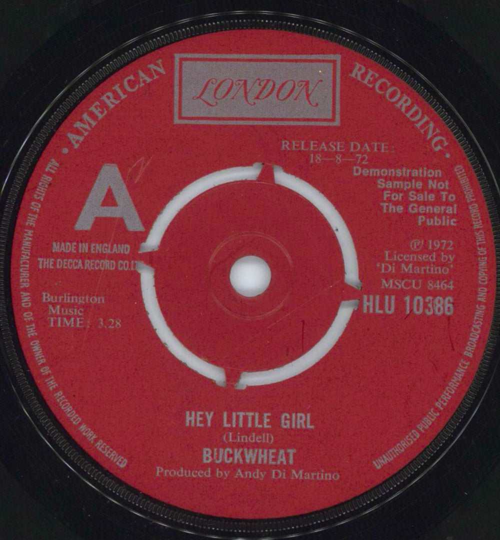 Buckwheat Hey Little Girl UK Promo 7" vinyl single (7 inch record / 45) HLU10386