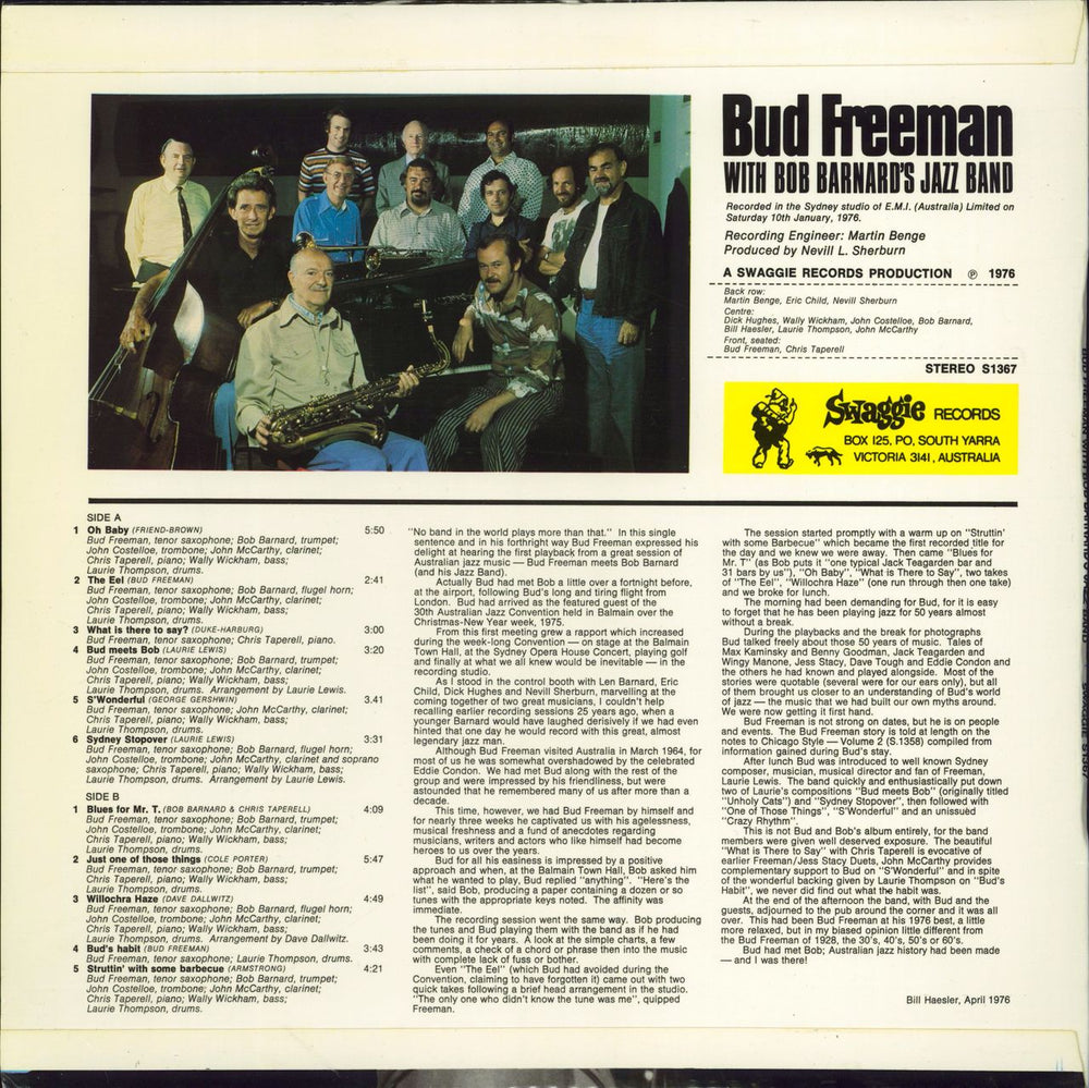 Bud Freeman With Bob Barnard's Jazz Band Australian vinyl LP album (LP record)