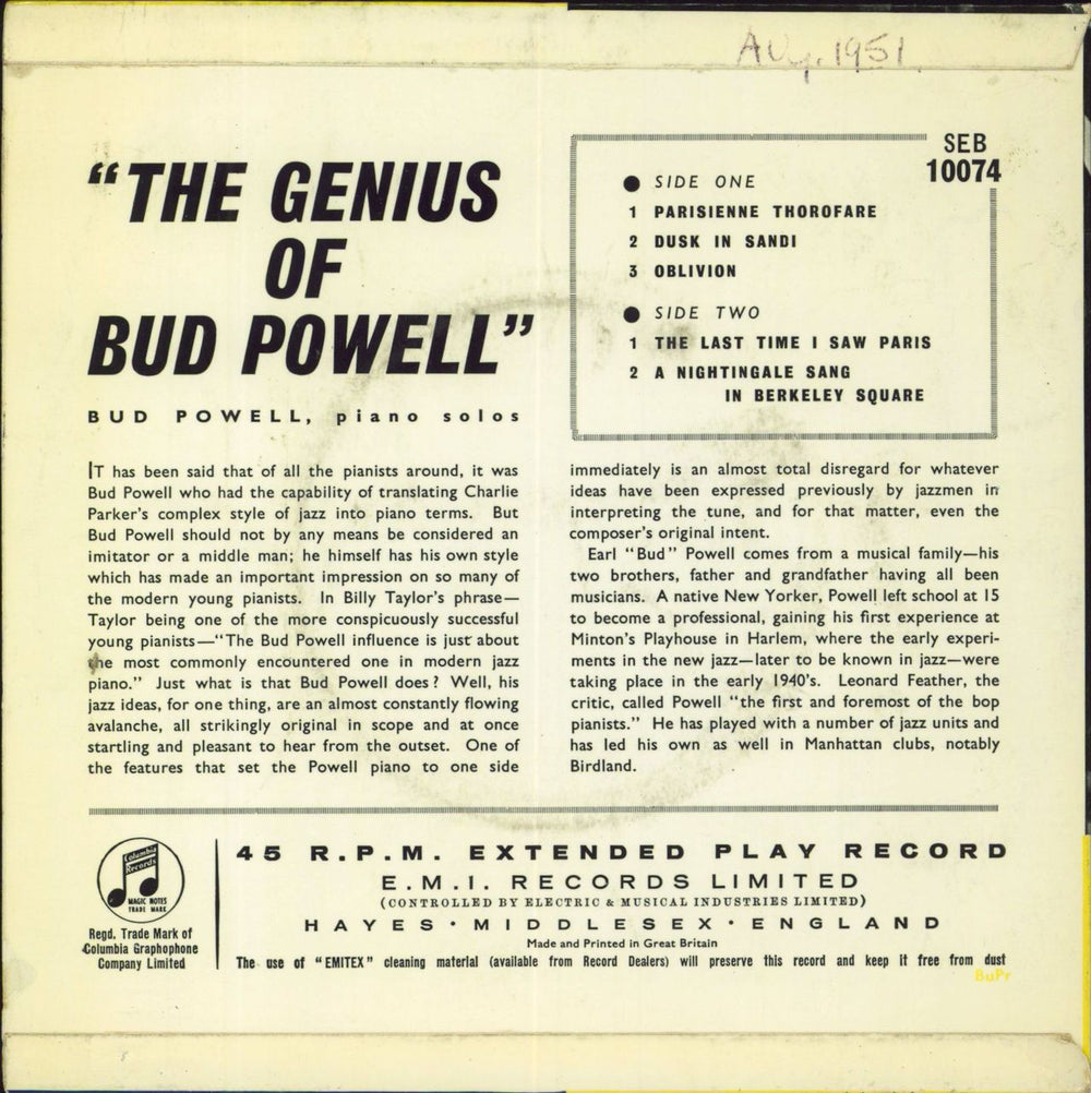 Bud Powell The Genius Of Bud Powell UK 7" vinyl single (7 inch record / 45)