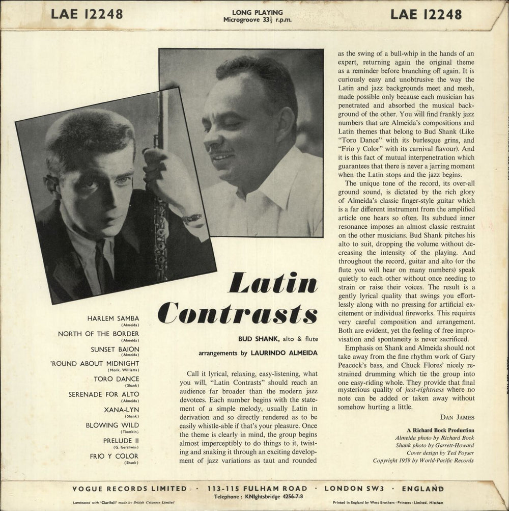 Bud Shank Latin Contrasts UK vinyl LP album (LP record)