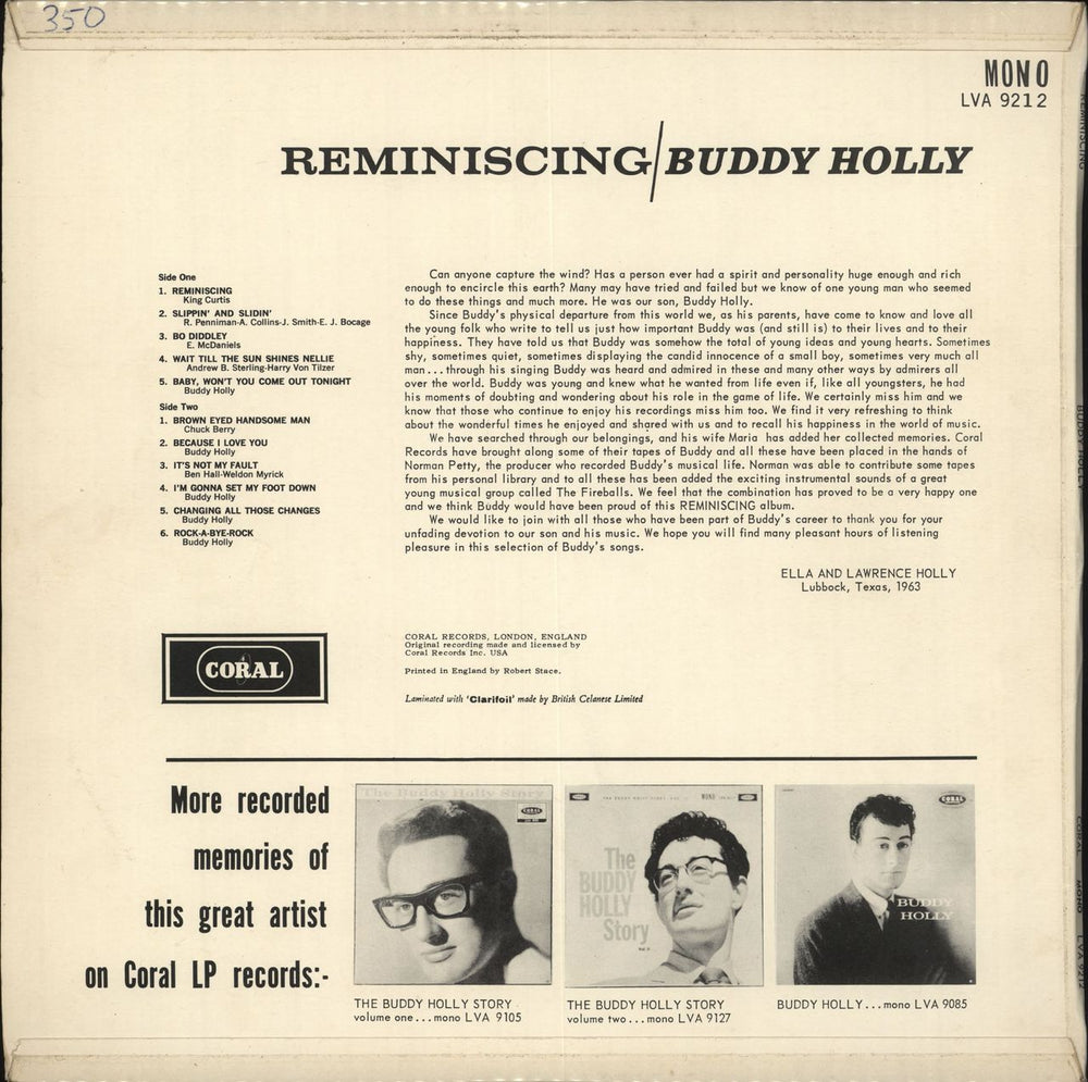 Buddy Holly Reminiscing UK vinyl LP album (LP record)