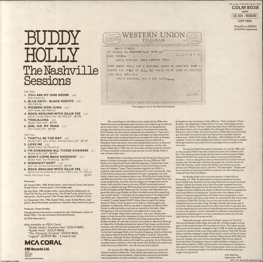 Buddy Holly The Nashville Sessions UK vinyl LP album (LP record)