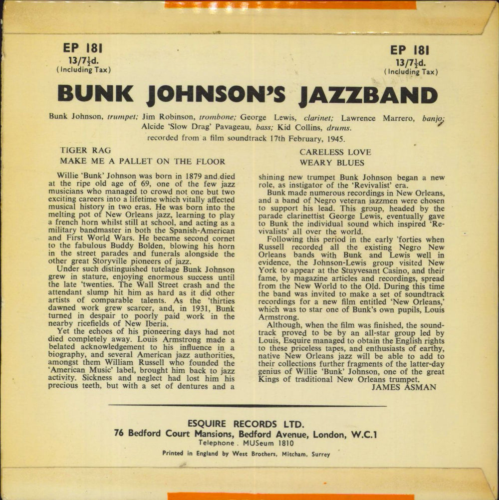 Bunk Johnson Bunk Johnson's Jazz Band UK 7