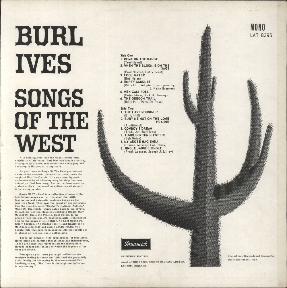 Burl Ives Songs Of The West UK vinyl LP album (LP record)