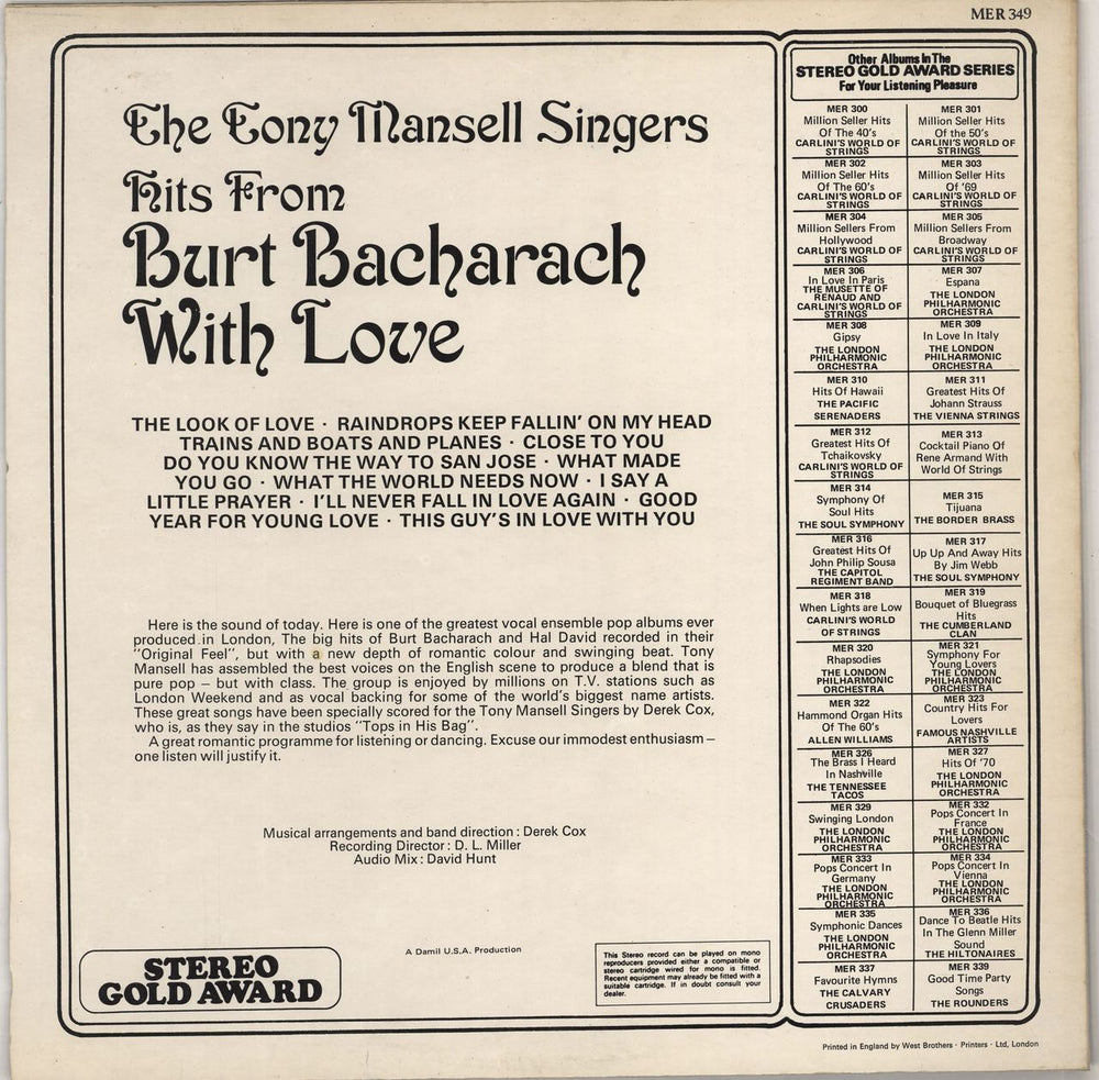 Burt Bacharach Hits From Burt Bacharach With Love UK vinyl LP album (LP record)