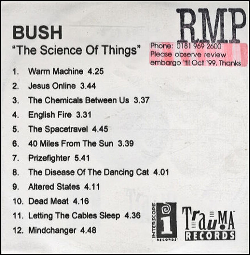 Bush The Science Of Things UK Promo CD-R acetate CD ACETATE