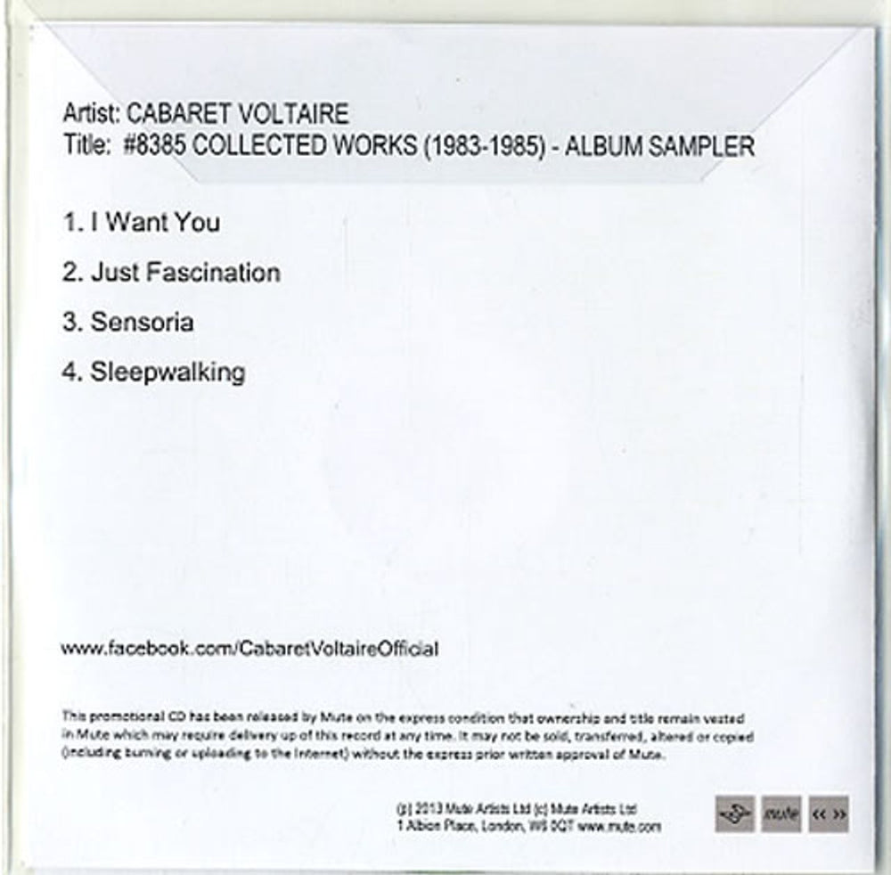 Cabaret Voltaire #8385 Collected Works [1983-1985] - Album Sampler UK Promo CD-R acetate VOLCRCO607487