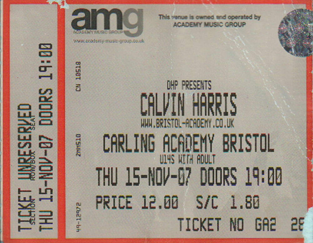 Calvin Harris Carling Academy, Bristol UK concert ticket TICKET STUB