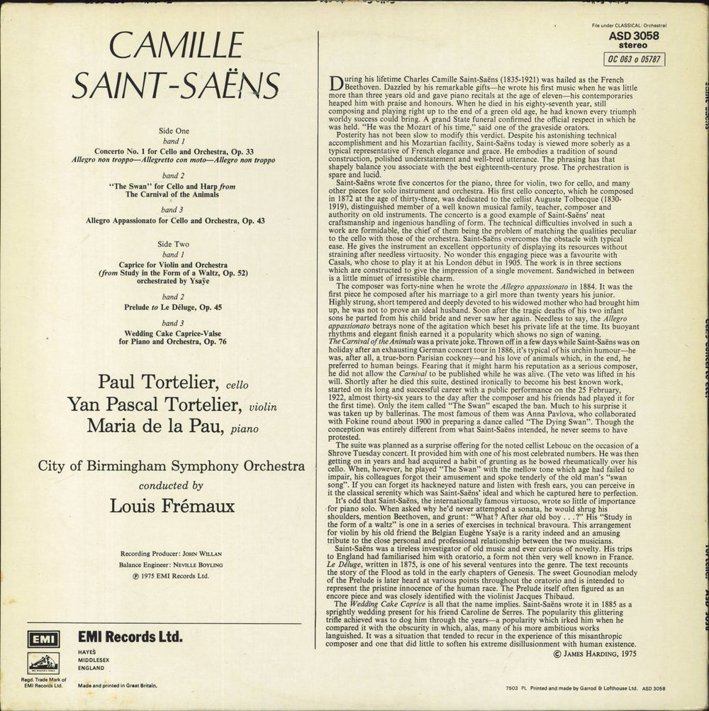 Camille Saint-Saëns Cello Concerto No. 1 UK vinyl LP album (LP record)