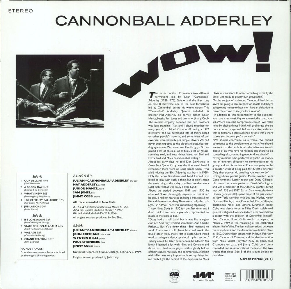 Cannonball Adderley Wow! - 180gm Vinyl UK vinyl LP album (LP record) 8436542018173