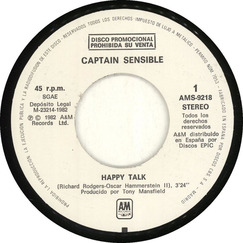 Captain Sensible Happy Talk Spanish Promo 7" vinyl single (7 inch record / 45)