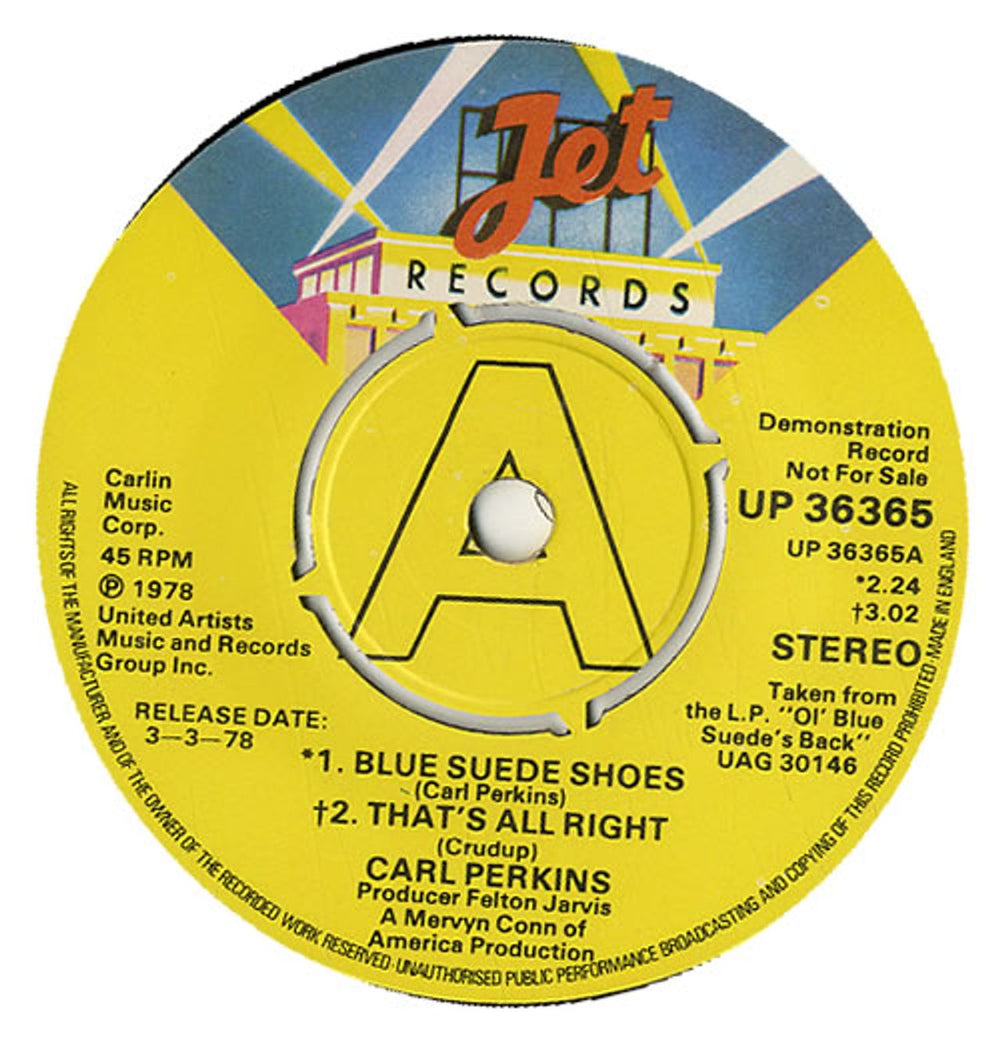 Carl Perkins (R&R) Blue Suede Shoes / That's All Right - A Label UK Promo 7" vinyl single (7 inch record / 45) CPE07BL554597