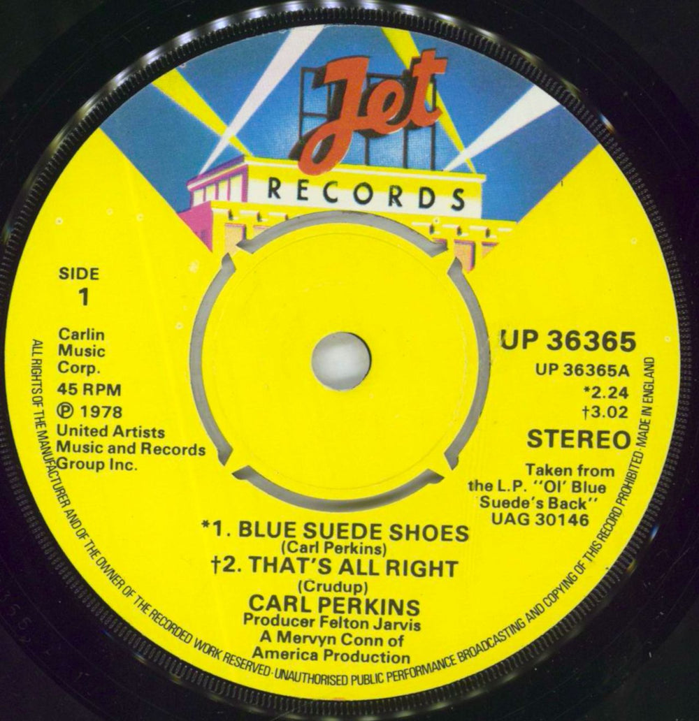 Carl Perkins (R&R) Blue Suede Shoes / That's All Right UK Promo 7" vinyl single (7 inch record / 45) CPE07BL827530