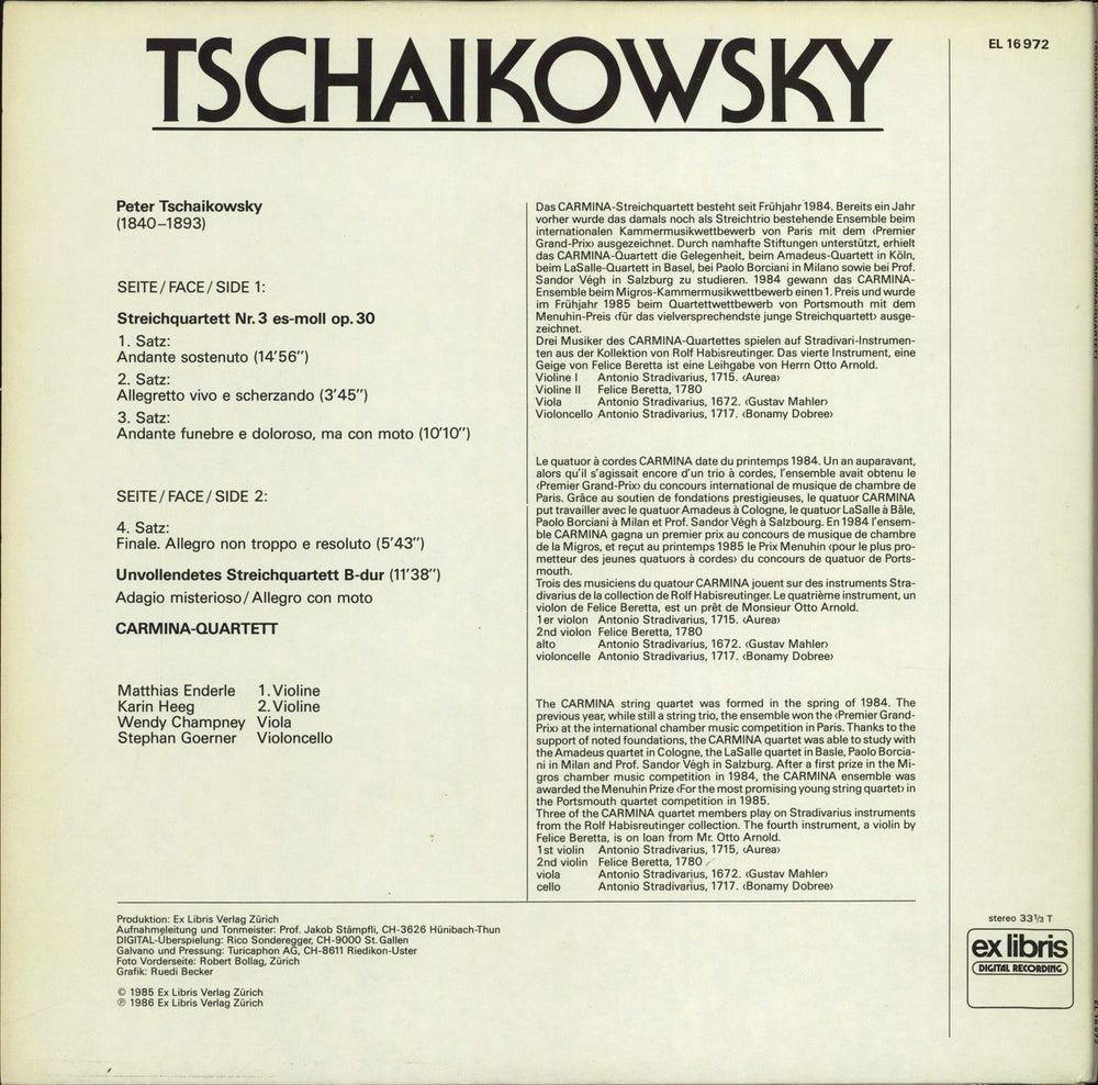 Carmina-Quartett Tschaikowsky: Streichquartett Nr. 3 Es-Moll Op. 30 / Streichquartett B-Dur Op. Posth. Swiss vinyl LP album (LP record)