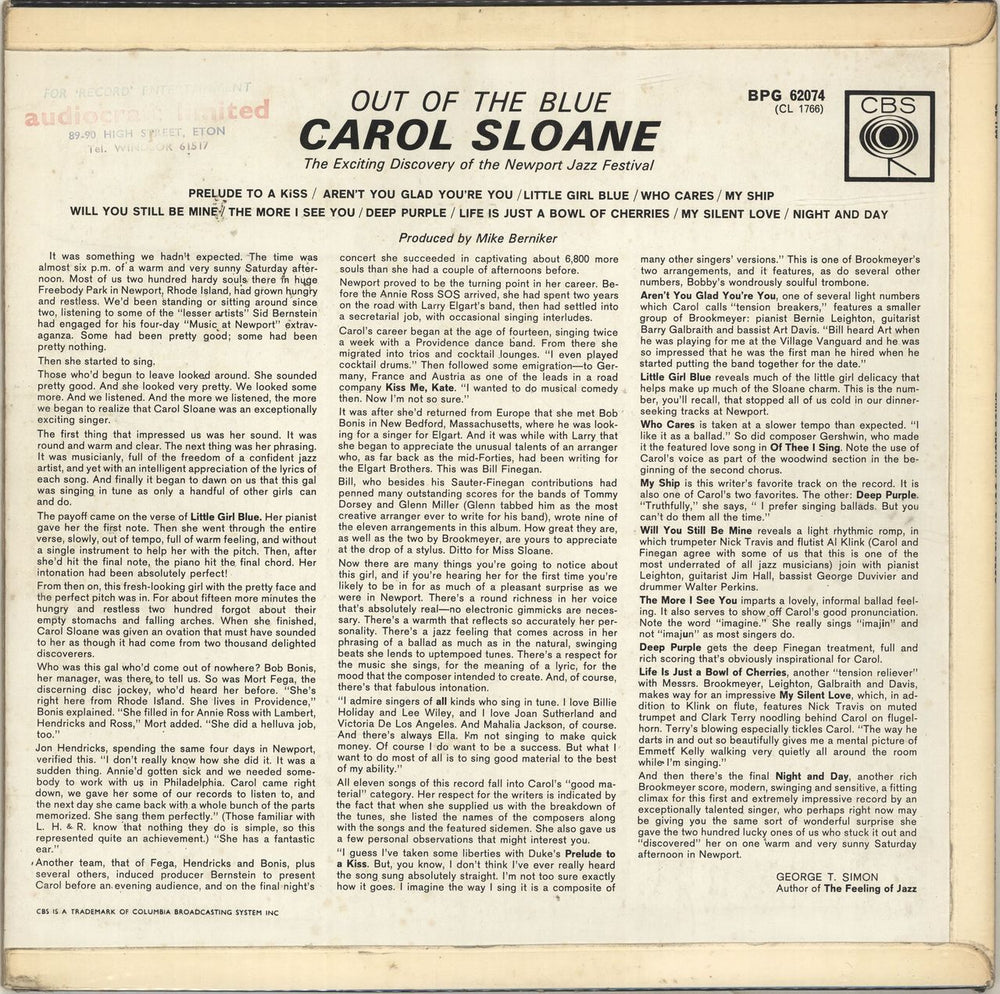 Carol Sloane Out Of The Blue UK vinyl LP album (LP record)