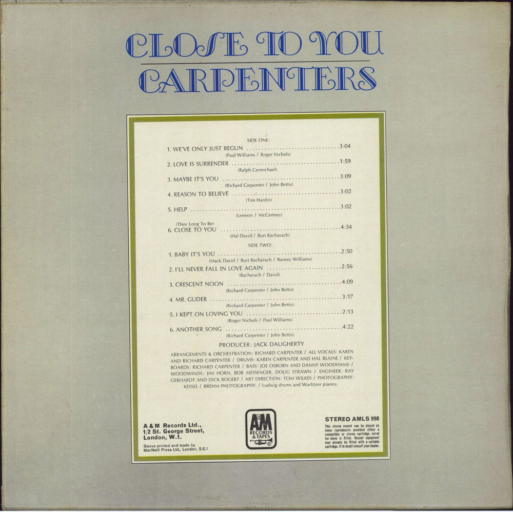 Carpenters Close To You - 1st - purple Vinyl UK vinyl LP album (LP record)