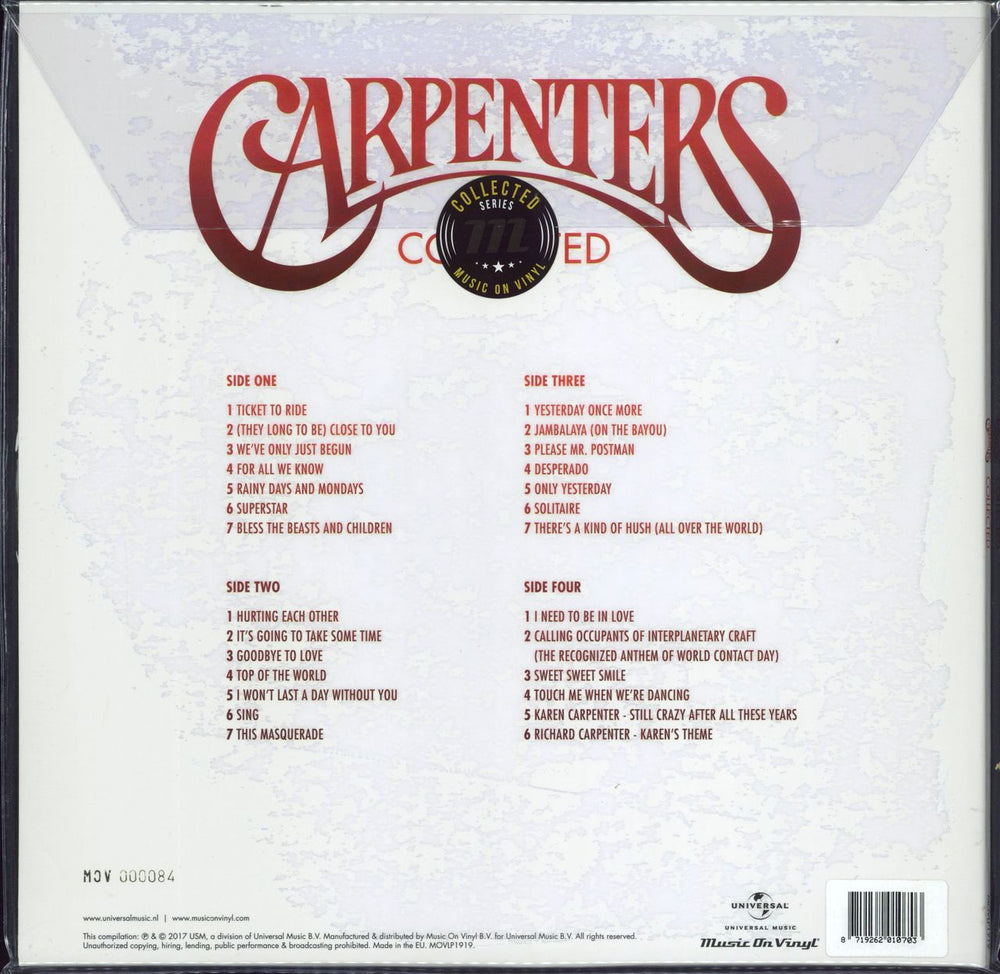 Carpenters Collected - 180gram Red Vinyl + Numbered Sleeve - Sealed UK 2-LP vinyl record set (Double LP Album) 8719262010703