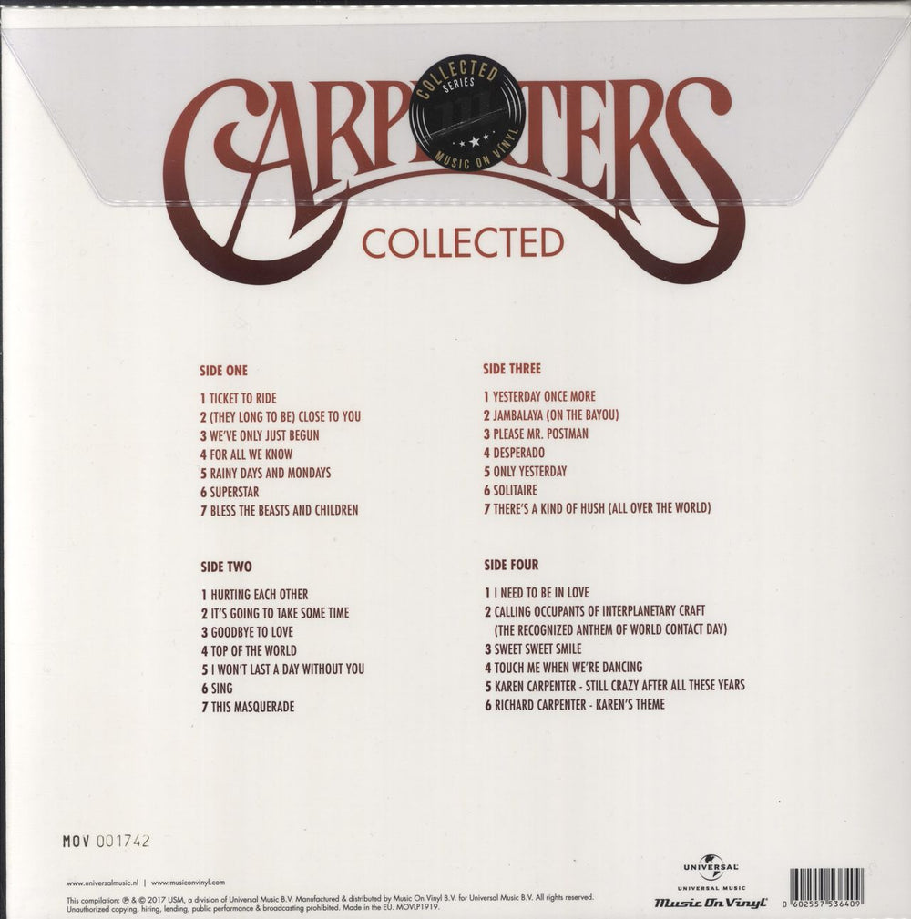 Carpenters Collected - 180gram White Vinyl + Numbered Sleeve UK 2-LP vinyl record set (Double LP Album) 602557536409