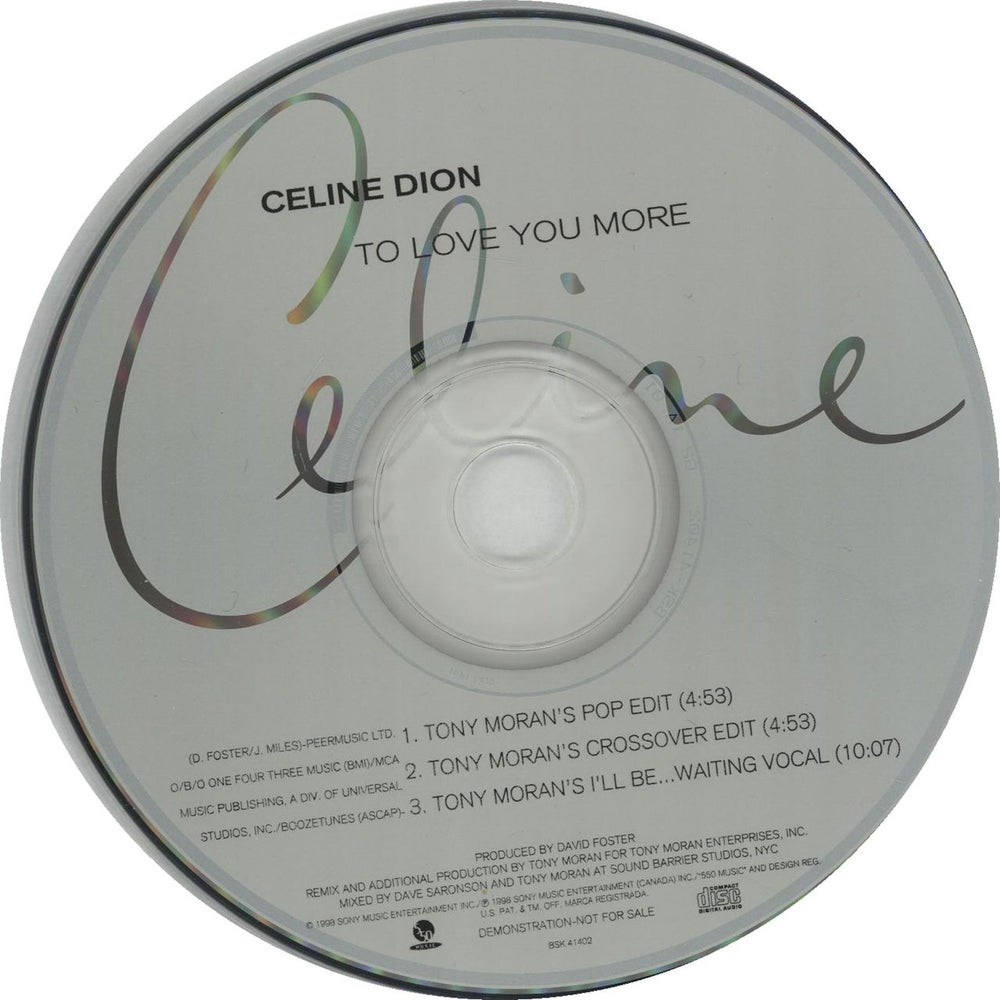 Celine Dion To Love You More - Tony Moran Mixes US Promo CD single (CD5 / 5") BSK-41402