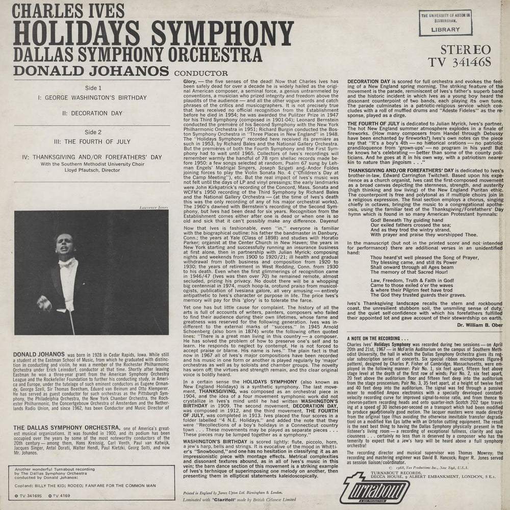 Charles Ives Holidays Symphony UK vinyl LP album (LP record)