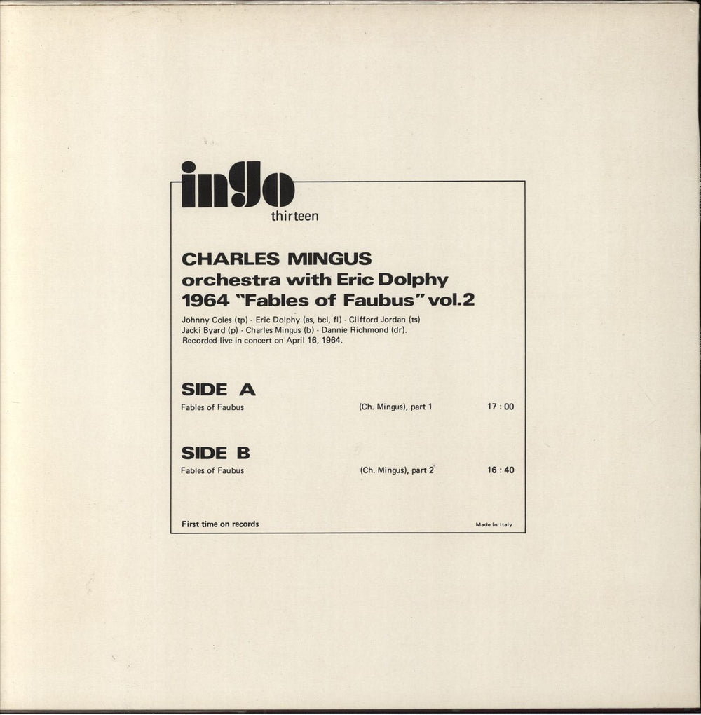 Charles Mingus 1964, "Fables Of Faubus" Vol. 2 Italian vinyl LP album (LP record)