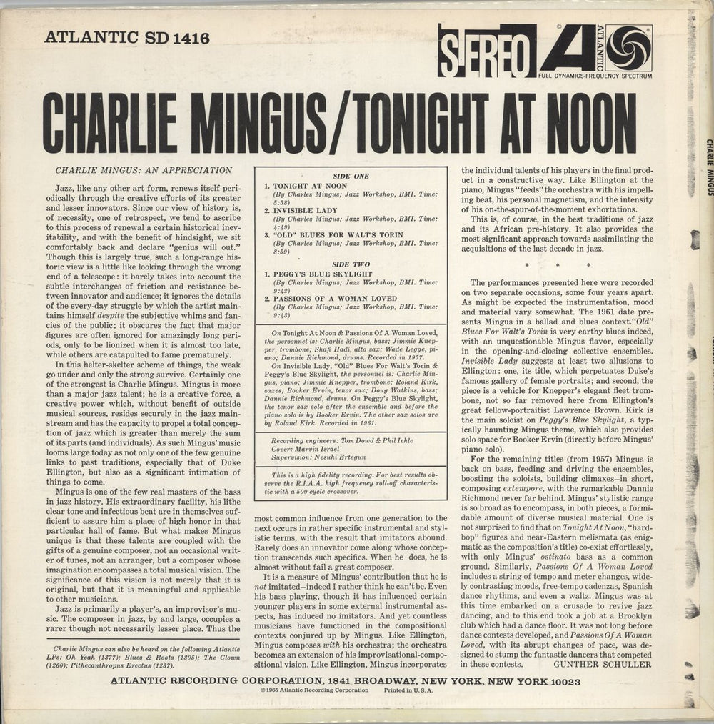 Charles Mingus Tonight At Noon US vinyl LP album (LP record)