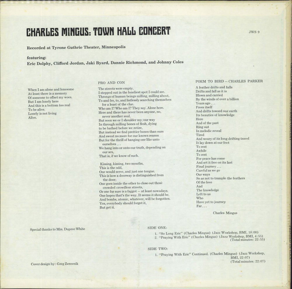 Charles Mingus Town Hall Concert Canadian vinyl LP album (LP record)