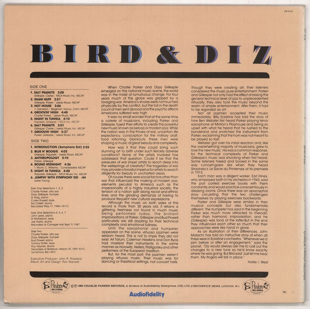 Charlie Parker Bird And Diz UK vinyl LP album (LP record)