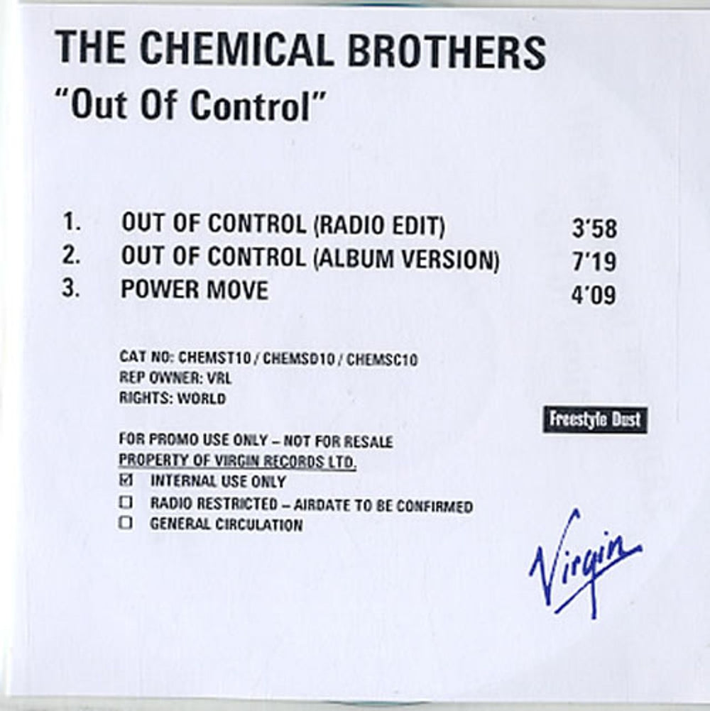 Chemical Brothers Out Of Control UK Promo CD-R acetate CD-R