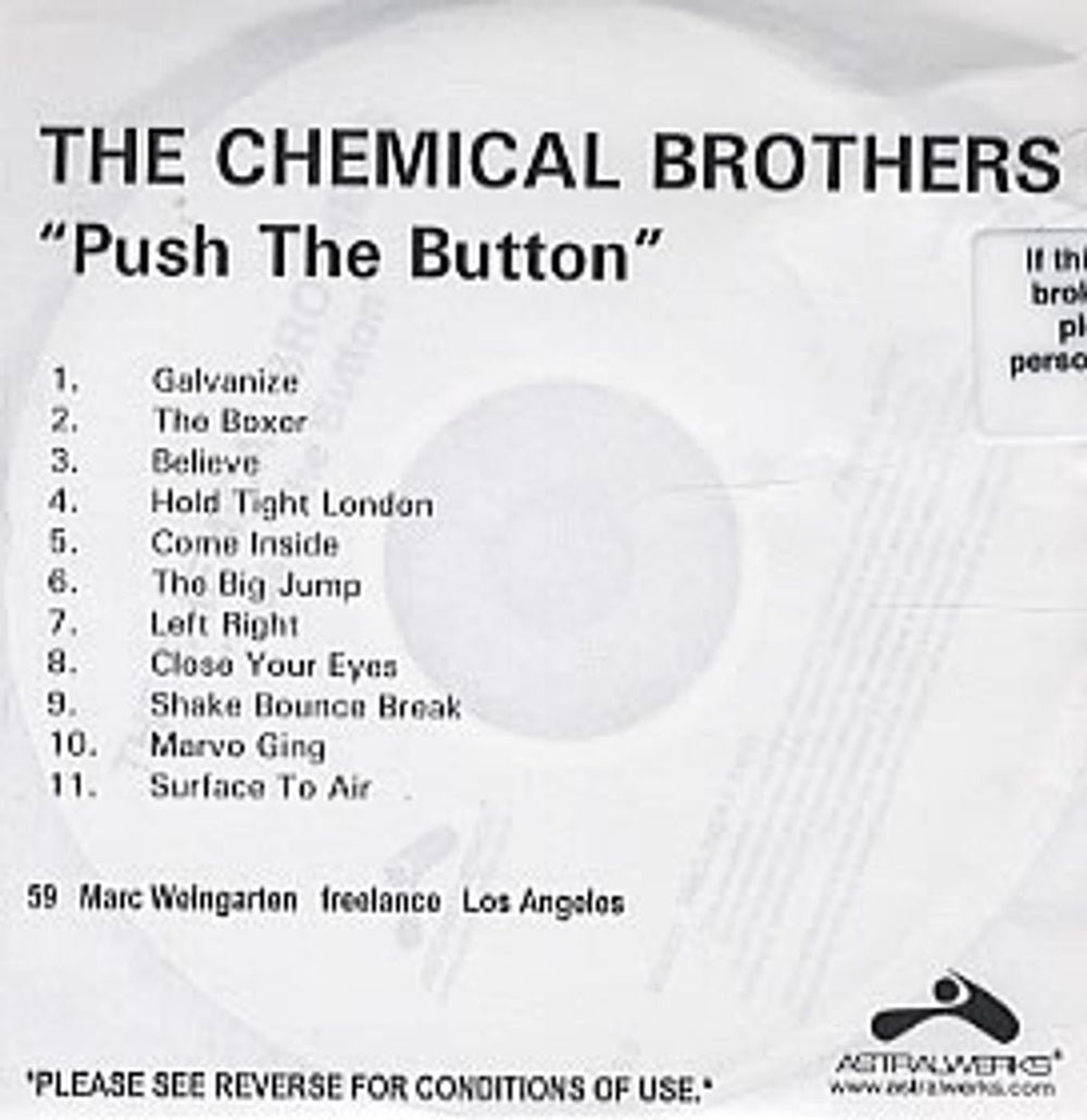 Chemical Brothers Push The Button US Promo CD-R acetate CDR ACETATE