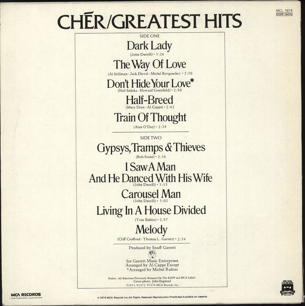 Cher Greatest Hits UK vinyl LP album (LP record)