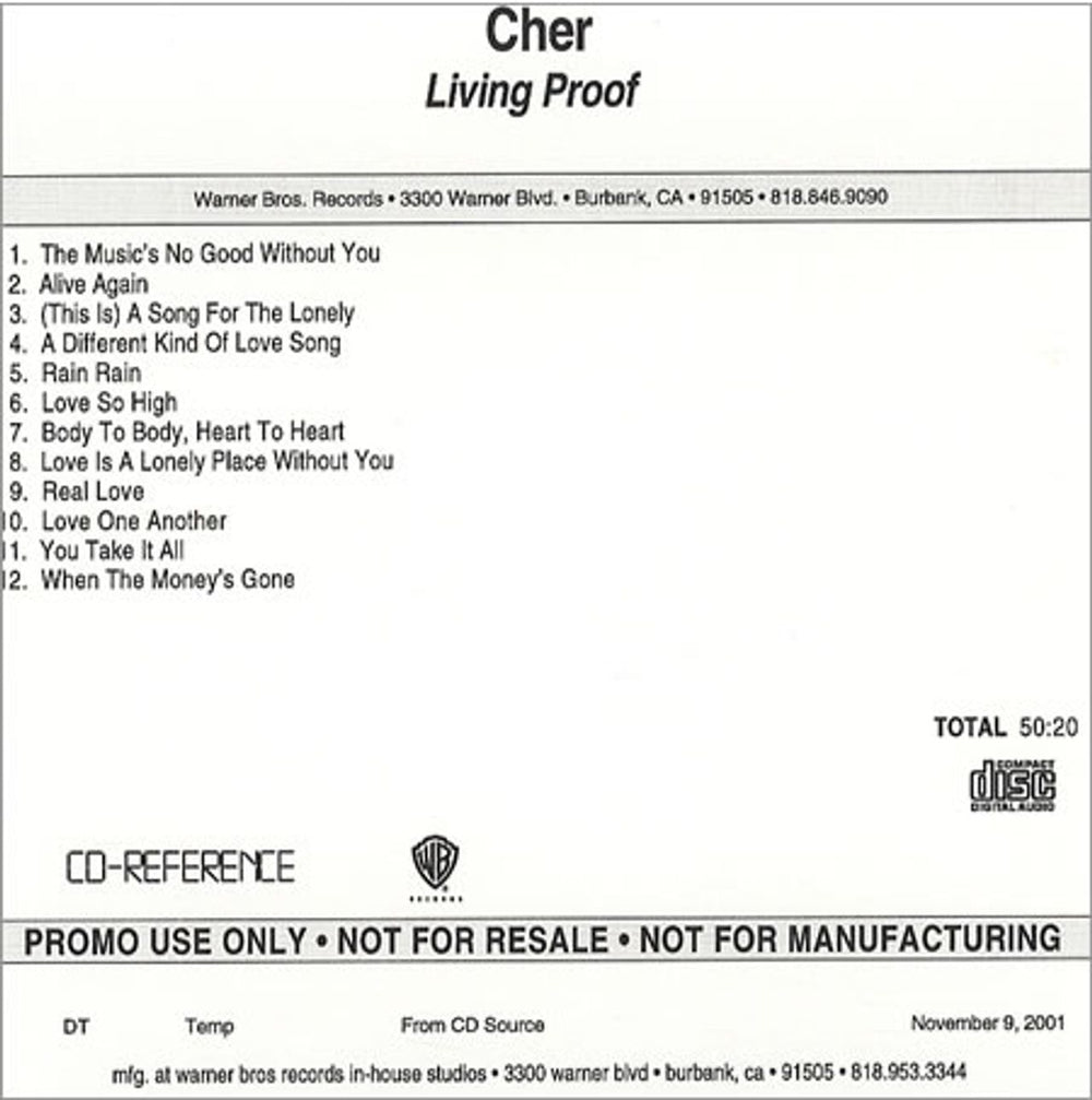 Cher Living Proof US Promo CD-R acetate CDR ACETATE