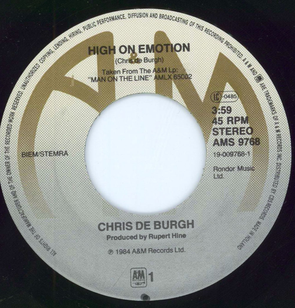 Chris De Burgh High On Emotion Dutch 7" vinyl single (7 inch record / 45) BUR07HI798533