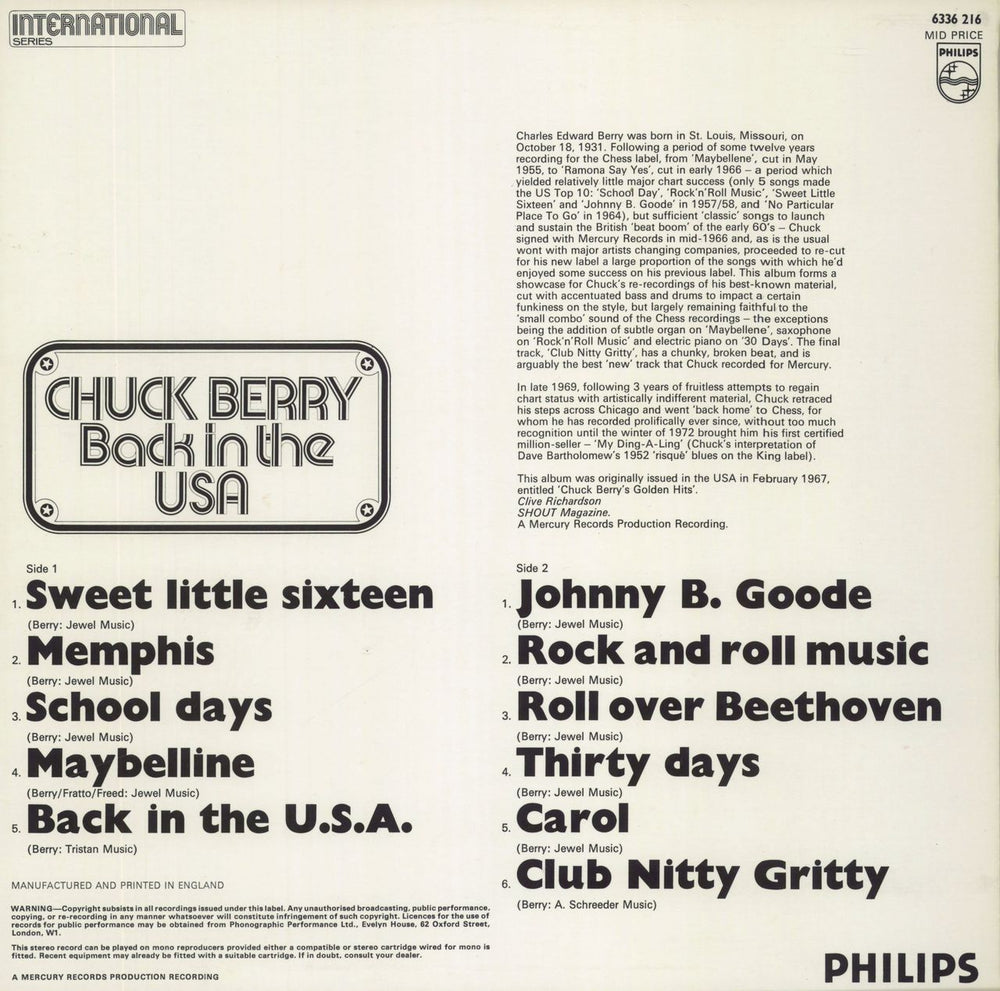 Chuck Berry Back In The USA UK vinyl LP album (LP record)