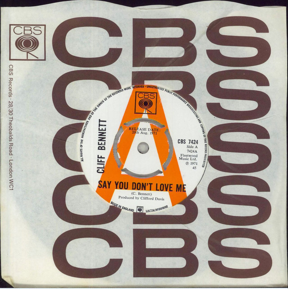 Cliff Bennett And The Rebel Rousers Say You Don't Love Me UK Promo 7" vinyl single (7 inch record / 45) CBS7424