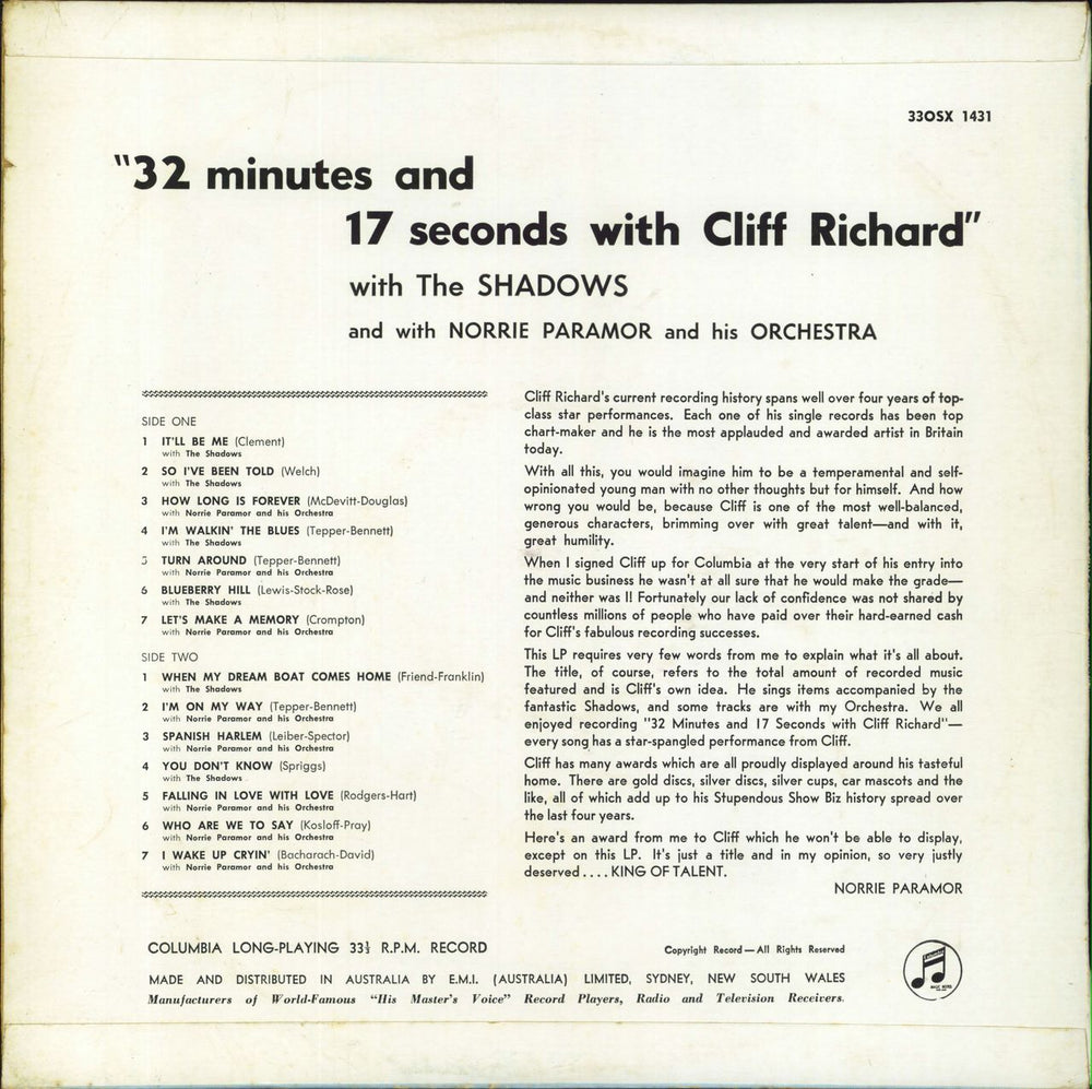 Cliff Richard 32 Minutes And 17 Seconds With Cliff Richard Australian vinyl LP album (LP record)