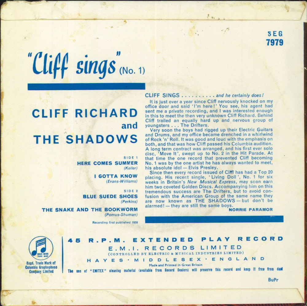 Cliff Richard Cliff Sings No.1 - VG UK 7" vinyl single (7 inch record / 45)