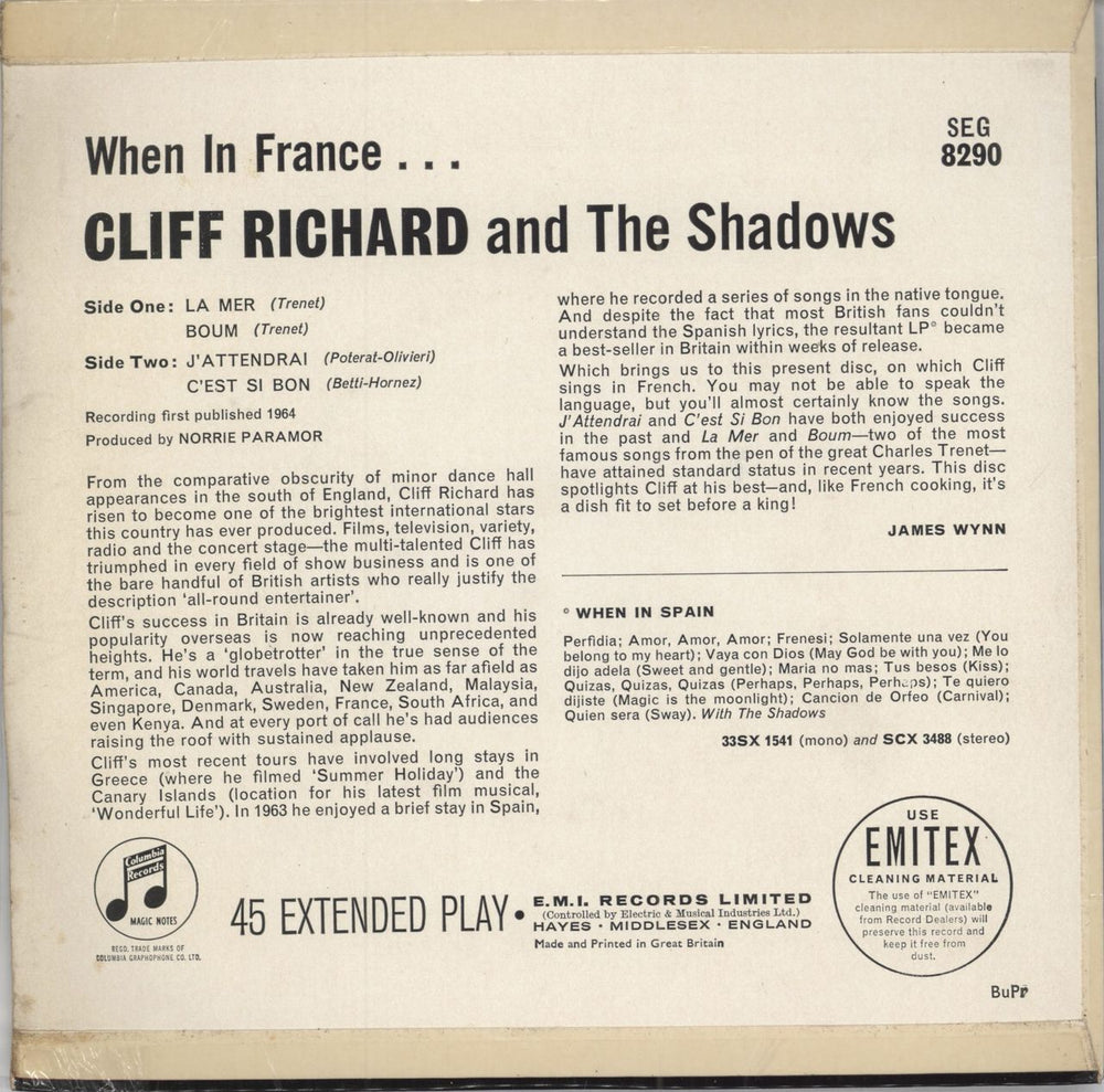 Cliff Richard When In France EP - EX UK 7" vinyl single (7 inch record / 45) RIC07WH789676