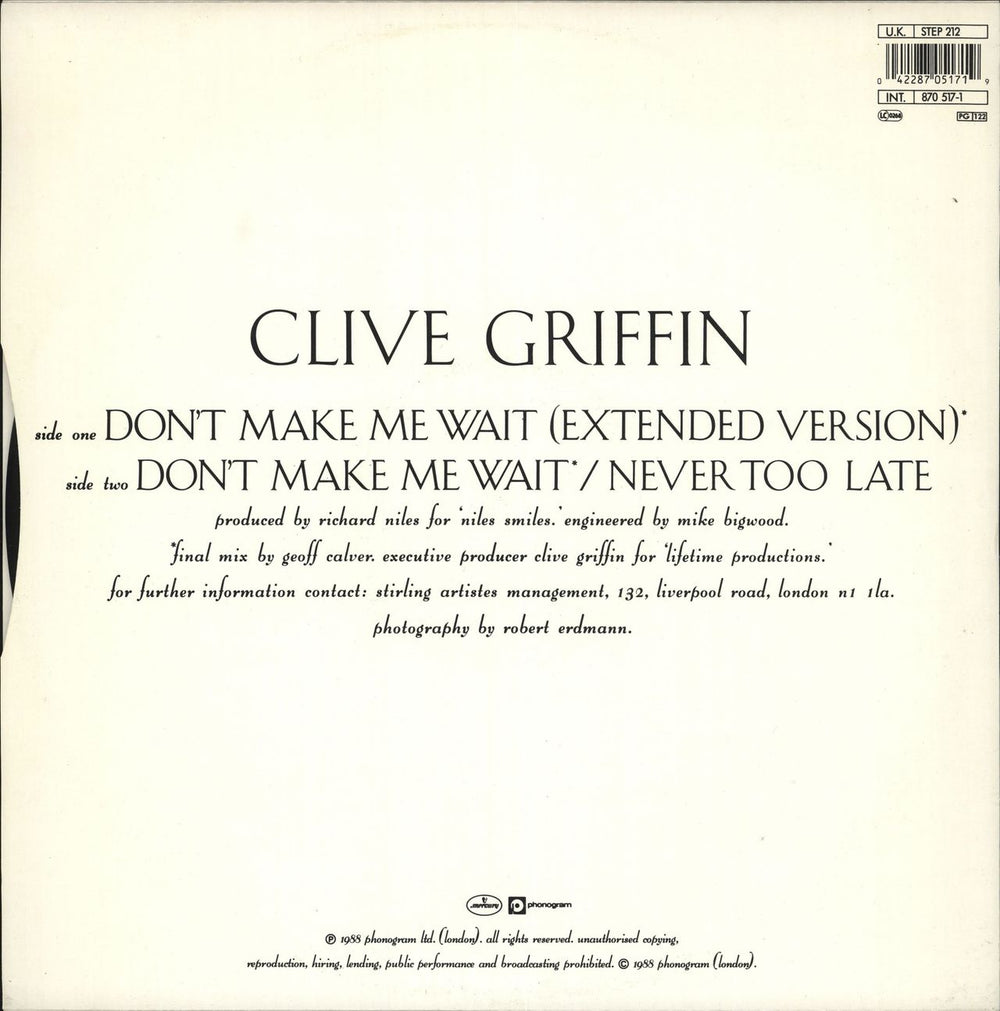 Clive Griffin Don't Make Me Wait UK 12" vinyl single (12 inch record / Maxi-single) 042287051719