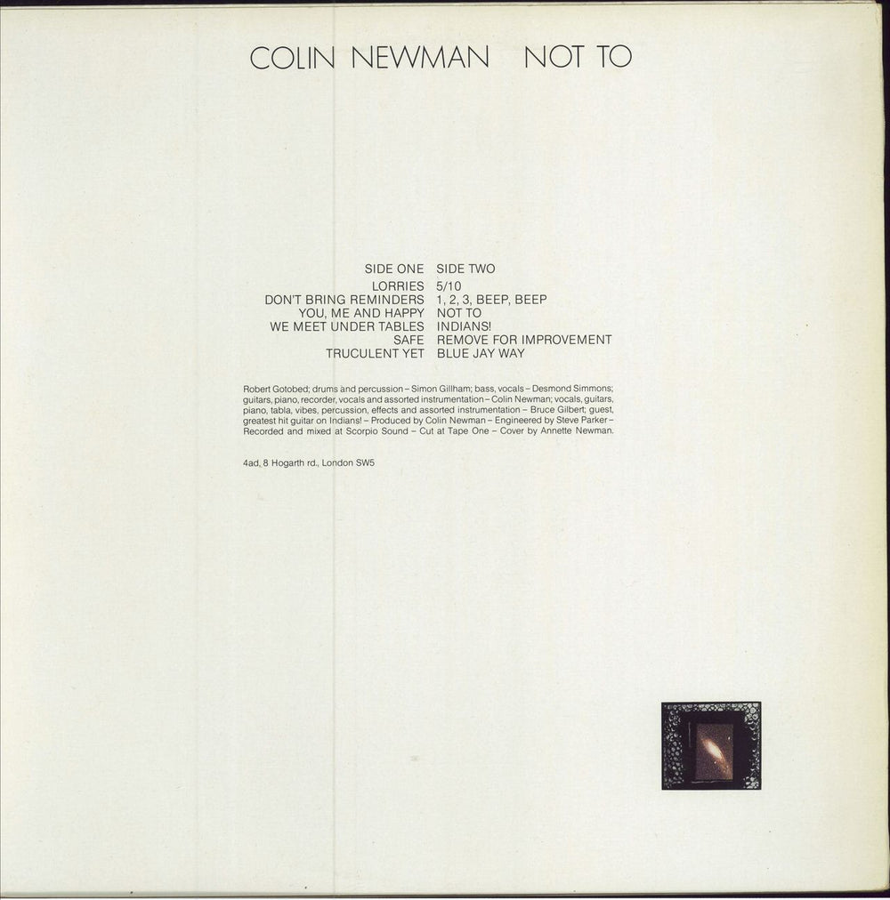 Colin Newman Not To UK vinyl LP album (LP record)