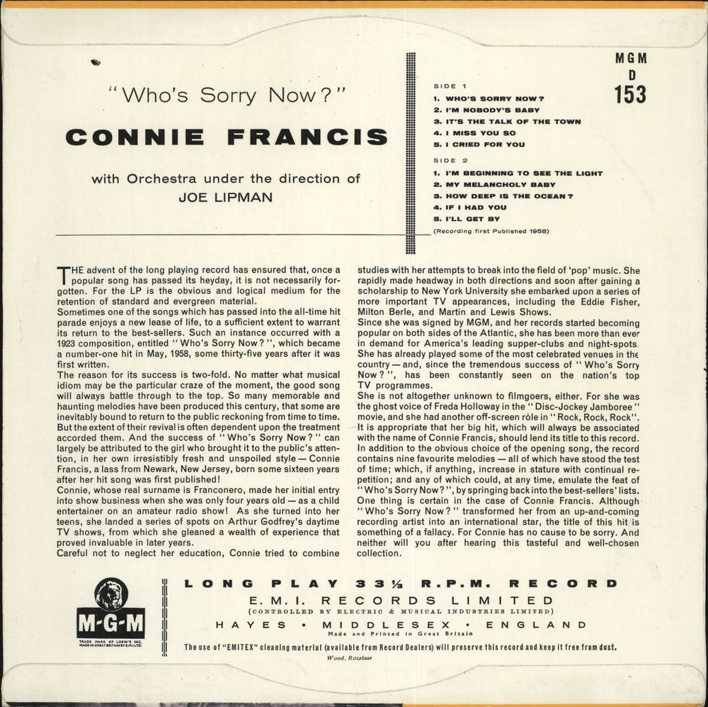 Connie Francis Who's Sorry Now UK 10" vinyl single (10 inch record)