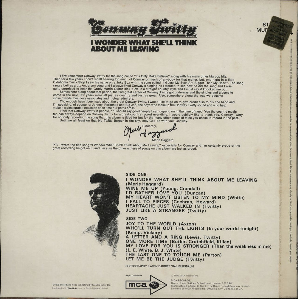 Conway Twitty I Wonder What She'll Think About Me Leaving UK vinyl LP album (LP record)