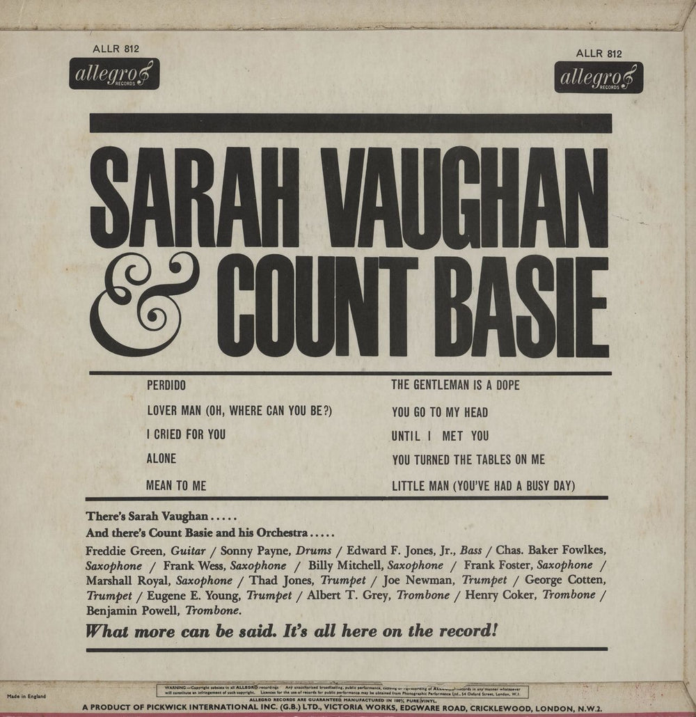 Count Basie & Sarah Vaughan The Fabulous Sarah Vaughan UK vinyl LP album (LP record)