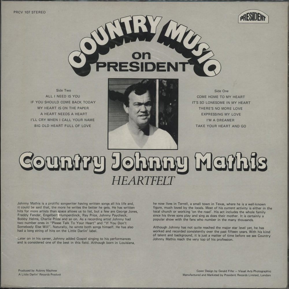 Country Johnny Mathis Heartfelt UK vinyl LP album (LP record)