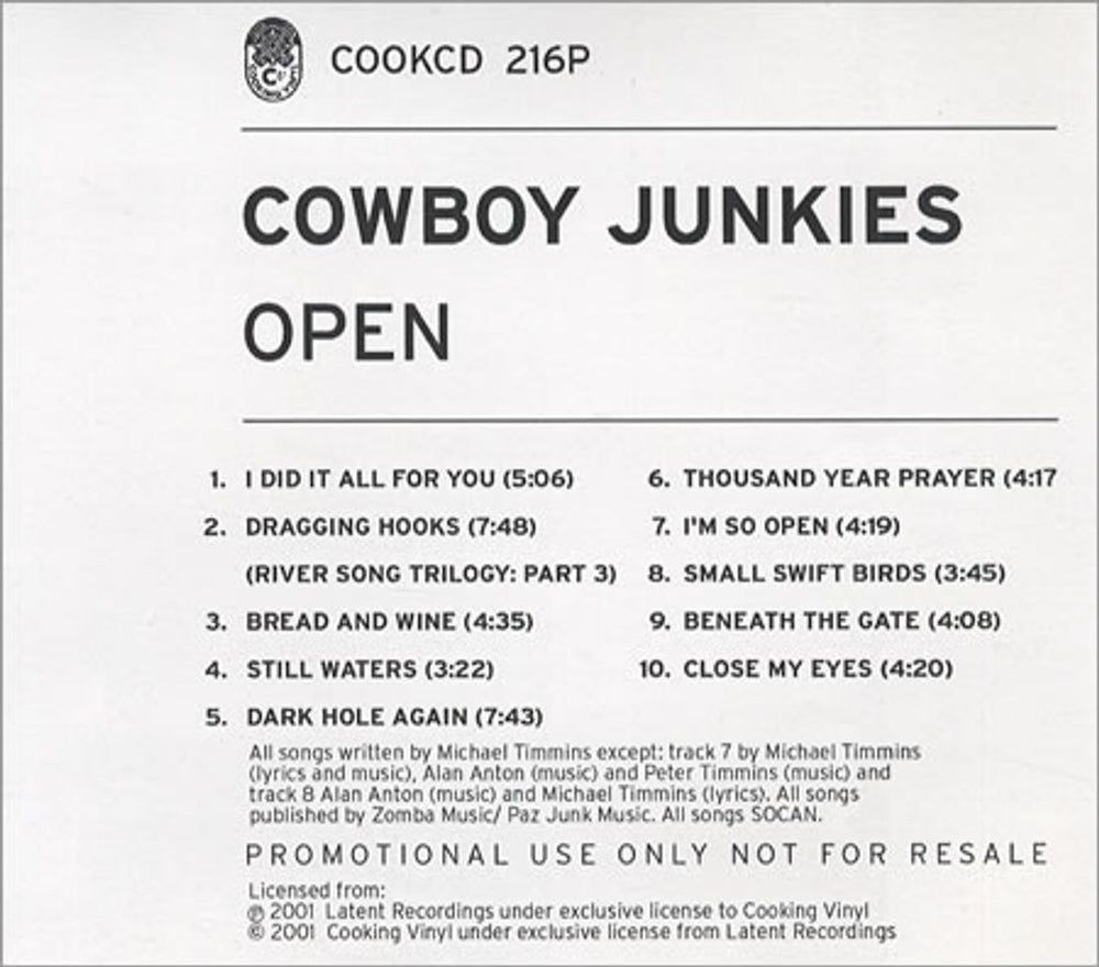 Cowboy Junkies Open UK Promo CD album (CDLP) COOKCD216P